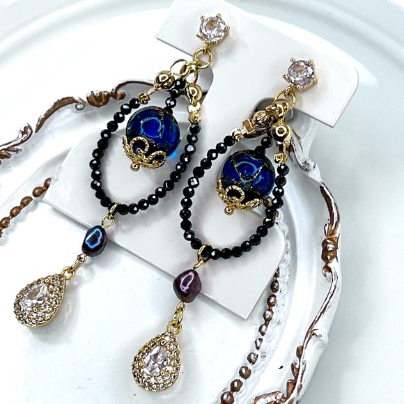 Handmade Freshwater Peacock 🦚 Pearl S925 SS Posts Murano Glass Crystal Earrings - Picture 3 of 3